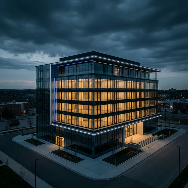 Modern commercial building at twilight