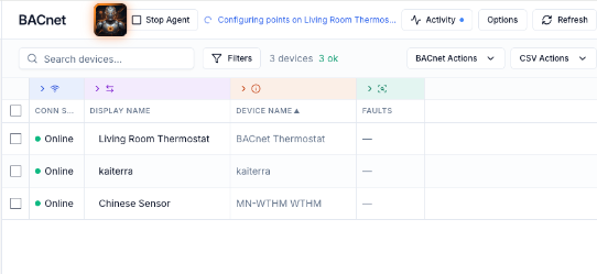 The BACnet agent listing discovered devices and configuring points on a Living Room Thermostat