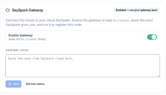 The SkySpark Gateway card in Tron Gateway settings, with the enable toggle and a field for the axon from SkySpark